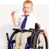Cat & Jack add, child holding pencil smiling wearing blue polo shirt and child using wheelchair wearing white shirt and tan pants