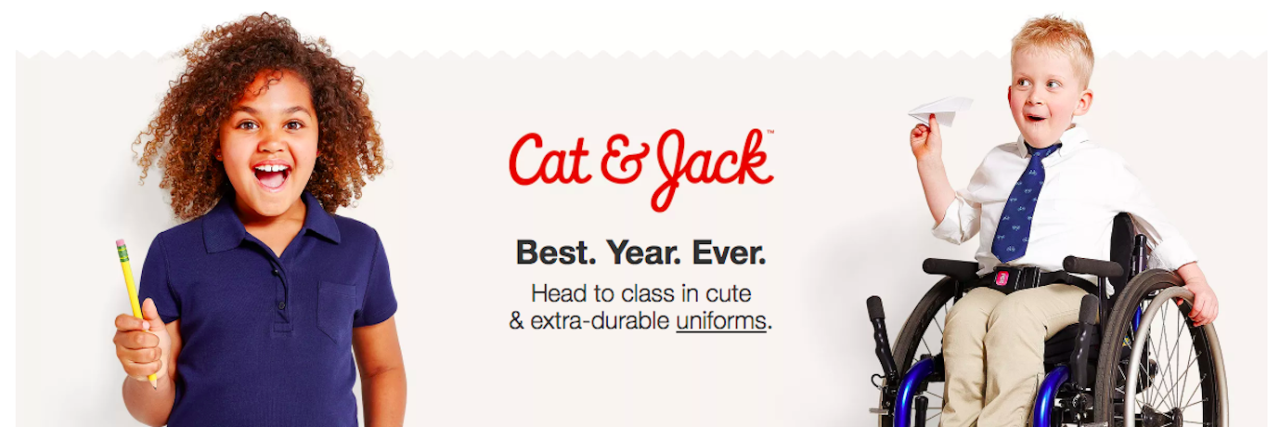 Target's Cat & Jack Line Adds Sensory-Friendly Uniforms Cat & Jack add, child holding pencil smiling wearing blue polo shirt and child using wheelchair wearing white shirt and tan pants