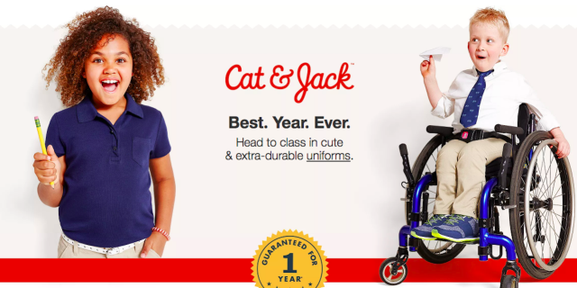 Target's Cat & Jack Line Adds Sensory-Friendly Uniforms Cat & Jack add, child holding pencil smiling wearing blue polo shirt and child using wheelchair wearing white shirt and tan pants
