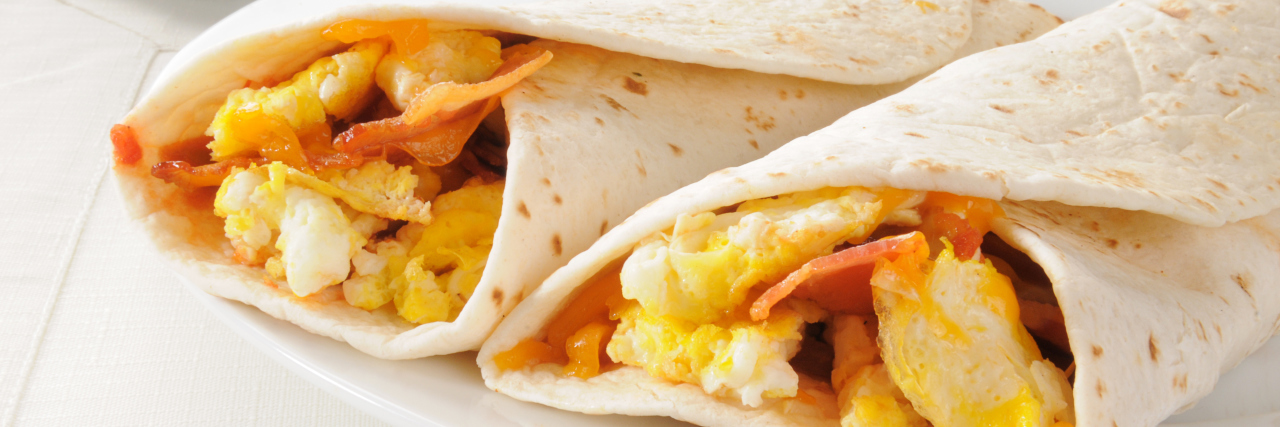 Money Saving Recipes for Life With Chronic Illness Bacon and egg burritos.