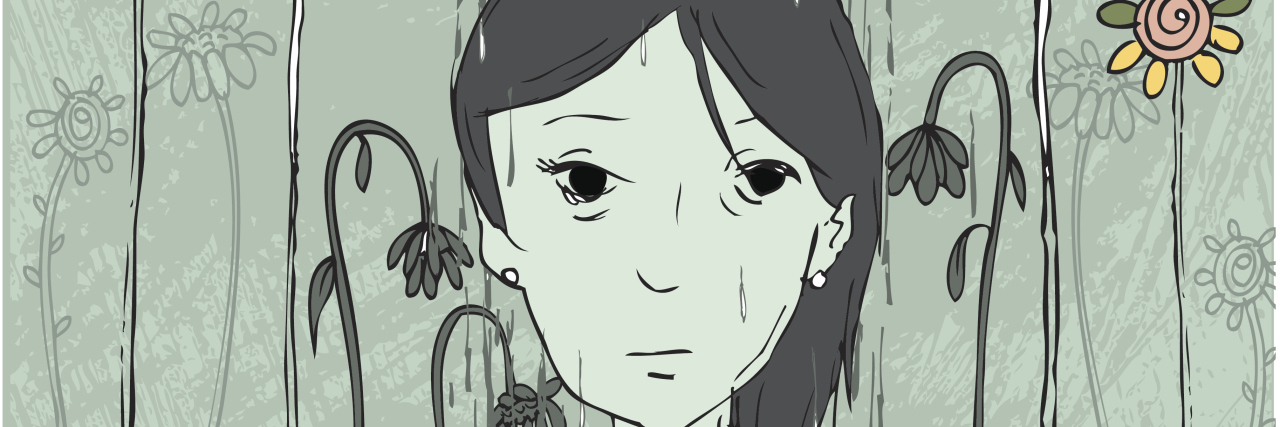 If You Are Extremely Hard on Yourself, Read This Illustration of a woman standing cross armed and depressed under a rain cloud with flowers all around.