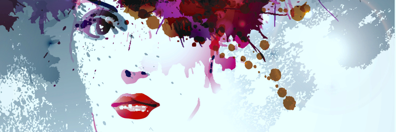 woman's face with colorful paint splotches making up her hair
