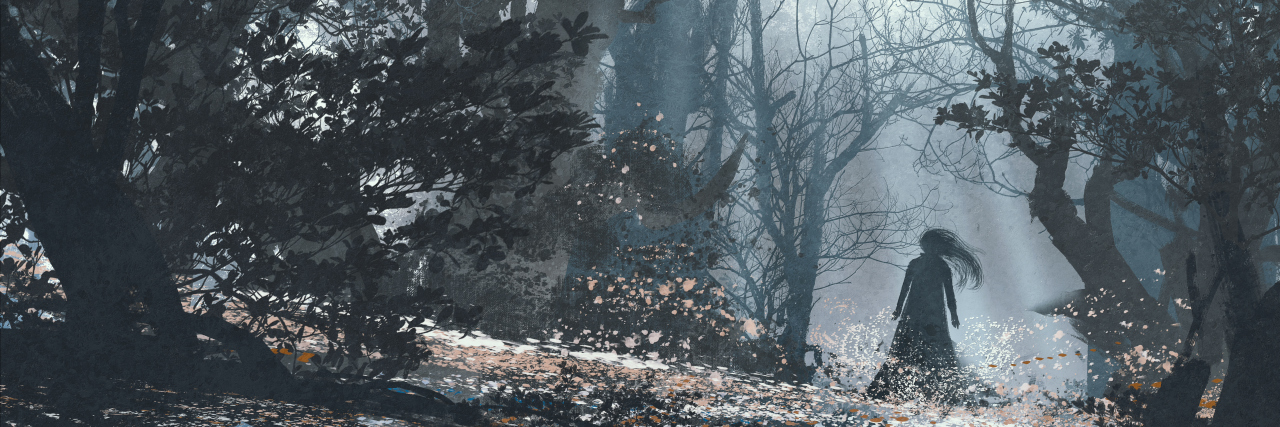 The Questions That Run Through My Mind Because I'm Undiagnosed woman in mysterious dark forest,illustration painting