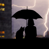 A silhouette of a woman and cat outside, under an umbrella, watching a lightening storm.