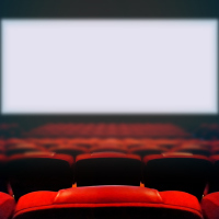 Empty movie cinema seats with blank wide white screen