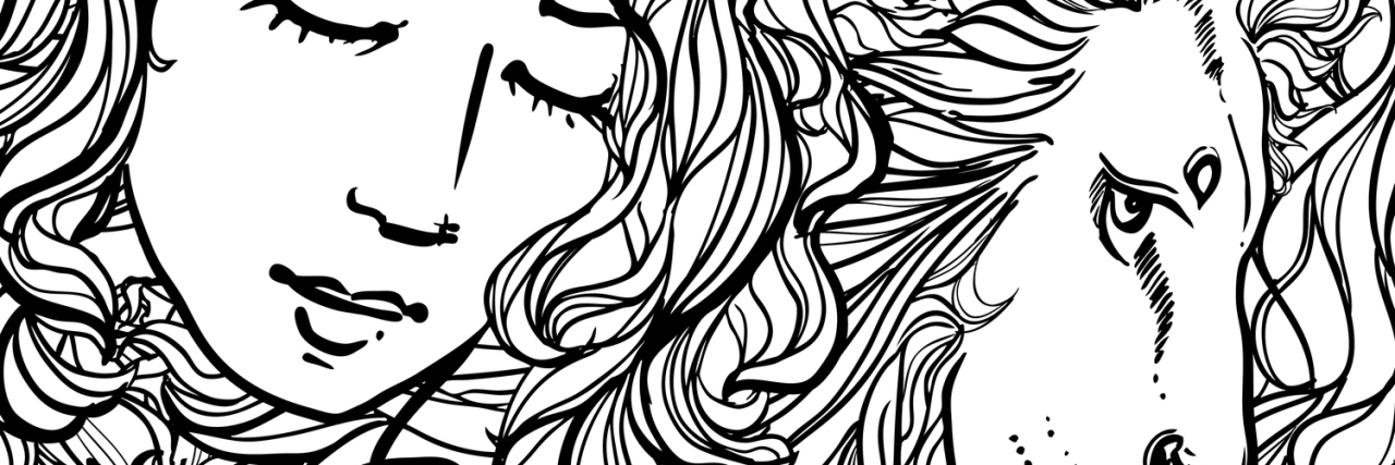 Why I Think of My Chronic Pain as a Wounded Animal I Need to Befriend An illustration of a woman's face and lion's face together, intertwined in hair.