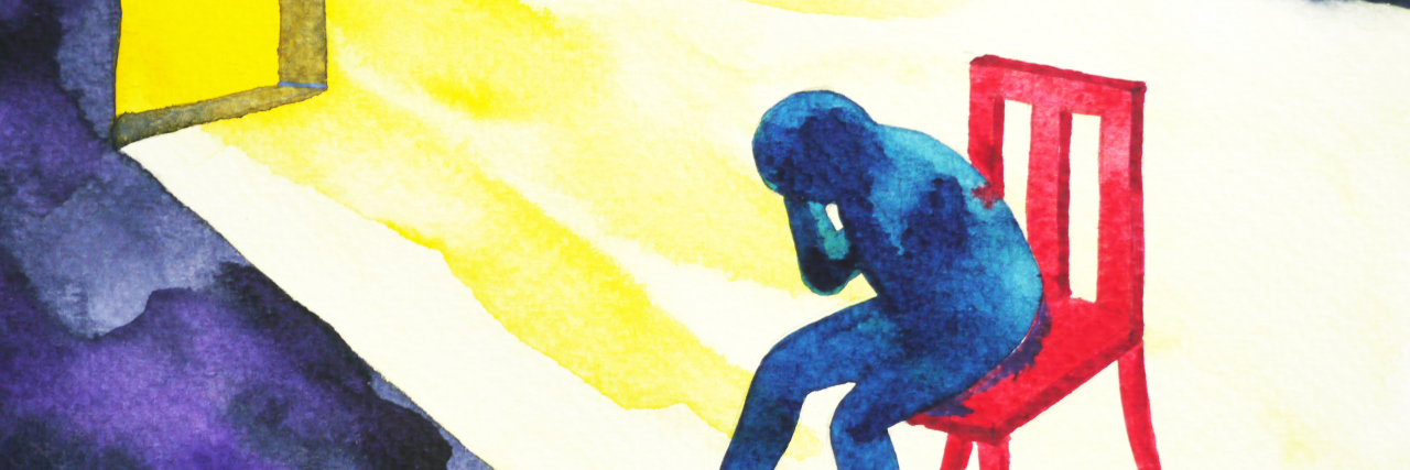 On the Days You Feel Like Your Chronic Illness Has Won blue man in the dark room with open window and lighting shine, abstract watercolor painting