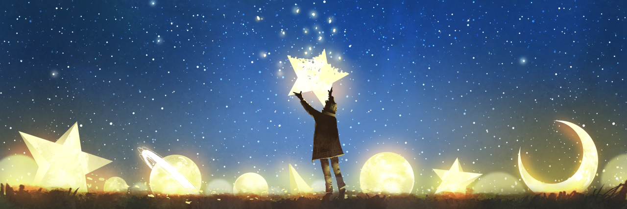 How to Share Your Poetry and Read Work From #MightyPoets beautiful scenery showing the young boy standing among glowing planets and holding the star up in the night sky, digital art style, illustration painting