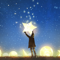 beautiful scenery showing the young boy standing among glowing planets and holding the star up in the night sky, digital art style, illustration painting