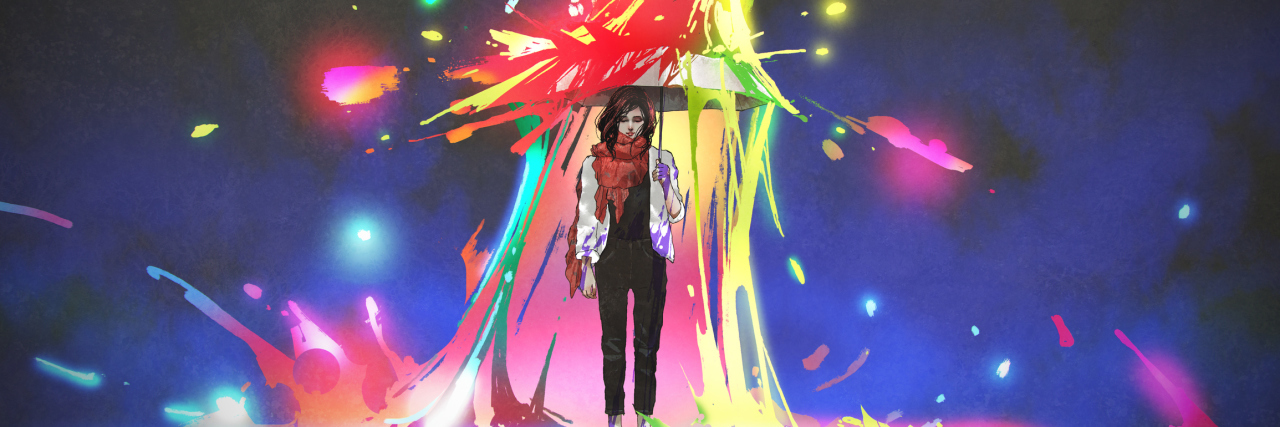How People With Chronic Illnesses Should Be Supporting Each Other woman holding umbrella protecting herself from colored splashes, digital art style, illustration painting