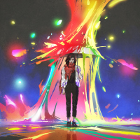 woman holding umbrella protecting herself from colored splashes, digital art style, illustration painting