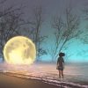Woman looking at a fallen moon.