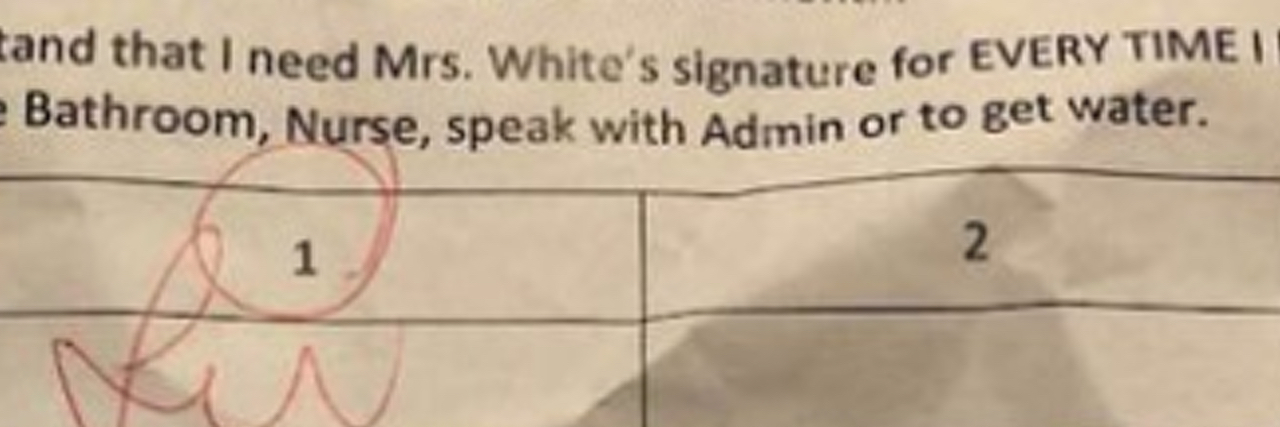 School Apologizes for Note Limiting Students to 2 Bathroom/Nurse Trips Photo of a hall pass that limits students to two bathroom trips per month.
