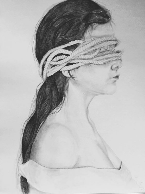 drawing of woman with ropes tied around her eyes