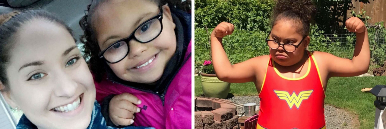Mom Shares Video of Daughter With Down Syndrome Being Teased Two images: one of Megan Sherrill and Laylah, second of Laylah wearing Wonderwoman swimming suit and arms up showing she is powerful