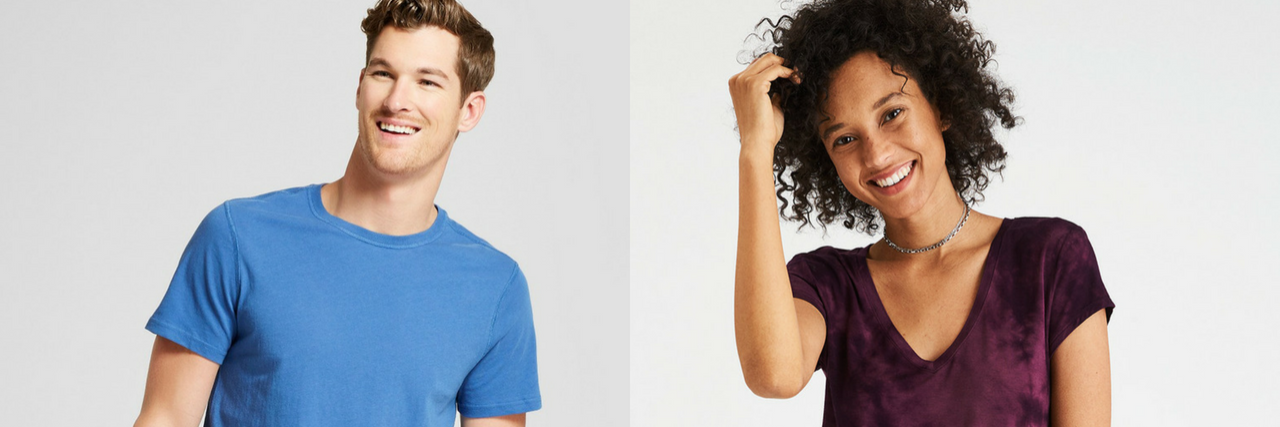 12 Brands That Sell Seamless Clothing for Sensitive Skin, Chronic Pain man wearing tagless shirt with flat seams from target, and woman wearing american eagle soft & sexy tye dye t-shirt