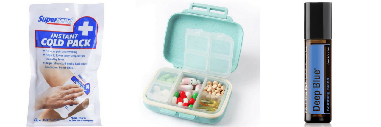 11 Items to Keep in Your Portable Migraine 'Crisis Kit' instant cold packs, travel pill organizer and doterra deep blue essential oil roll on
