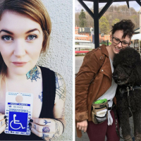woman holding disabled parking pass and woman hugging her dog