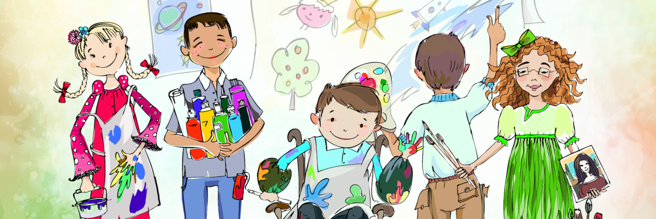 Please Talk to Your Kids About Disabilities Group of children, including a boy in a wheelchair enjoying art class.