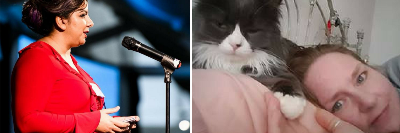 woman speaking on stage into a microphone, and woman lying in bed with her cat