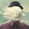 Man's face hidden by a cloud while wearing black hat and red button down