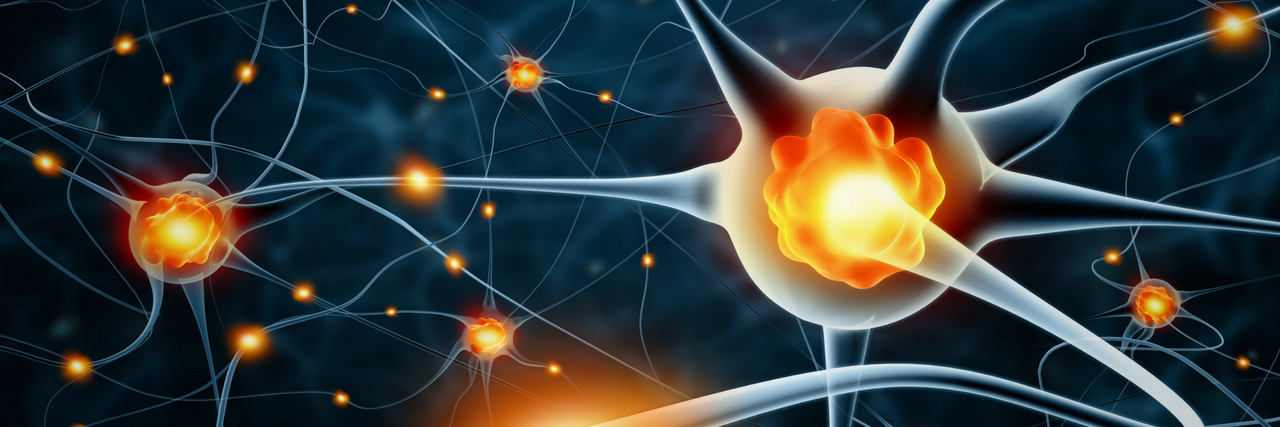 Illustration of neurons. The bigger part of the neuron glows orange and a part of the axon (the pathway between neurons) has a portion lit up orange.