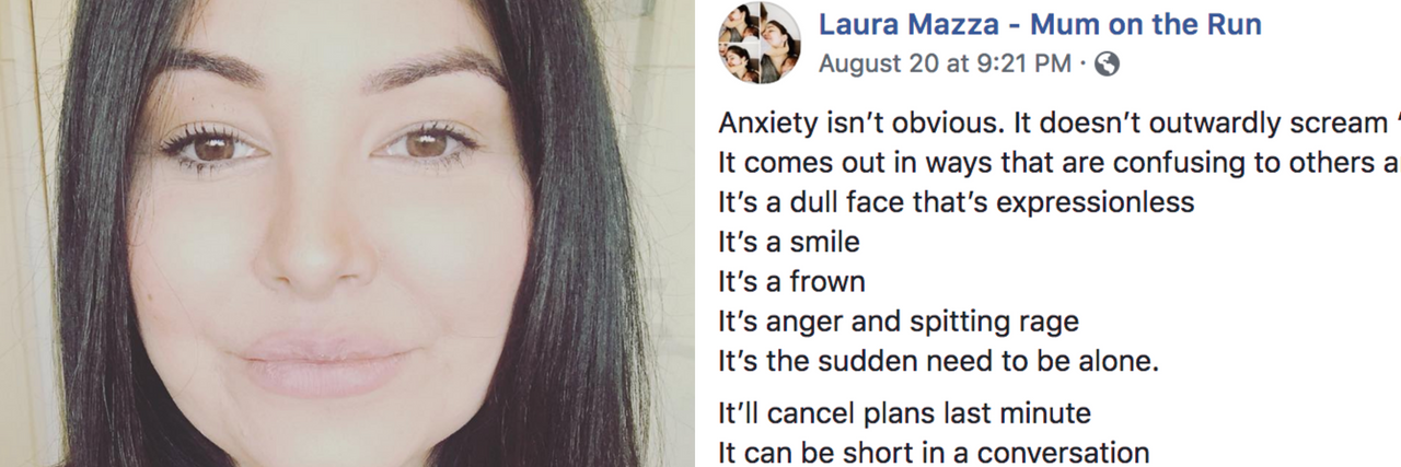 Blogger Laura Mazza Shows How Anxiety Isn't Always Obvious Laura Mazza and a portion of her Facebook post.