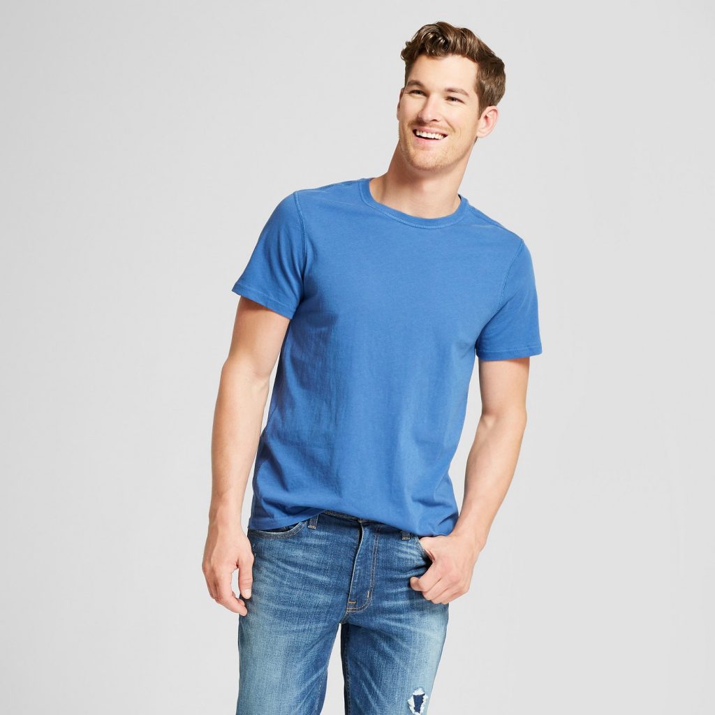 man wearing tagless shirt with flat seams from target