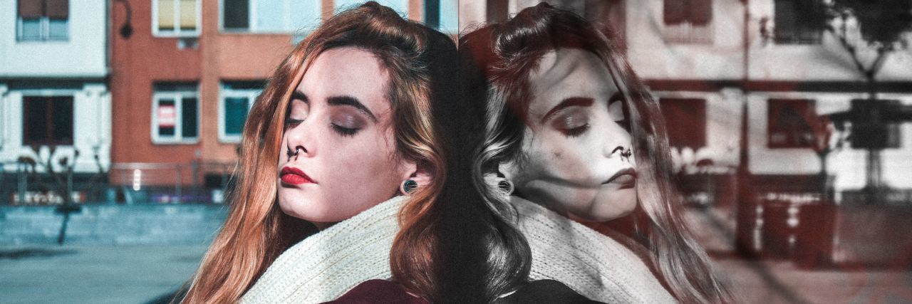 How I Hide the Full Effect of Fibromyalgia A picture of a woman, one side in color and the other side showing her reflection in black and white.