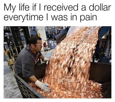my life if I received a dollar every time I was in pain: photo of tons of coins spilling into basket