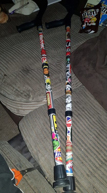 Crutches covered with stickers