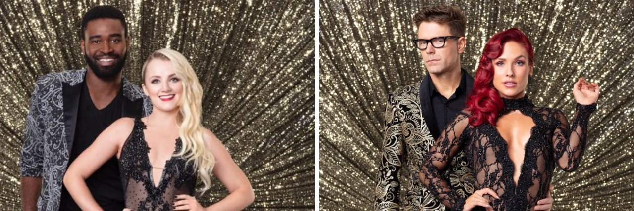 'Dancing With the Stars' Announces Season 27 Cast, Stars With Illness Evanna Lynch, Bobby Bones and their dancing partners in front of a gold, sparkly backdrop.