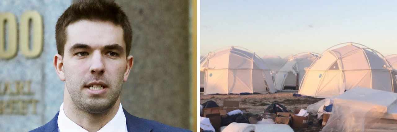 Billy McFarland's Lawyers Cite Mental Illness for Fraud Crimes Billy McFarland in a blue suit; photo of the makeshift tents for Fyre Festival