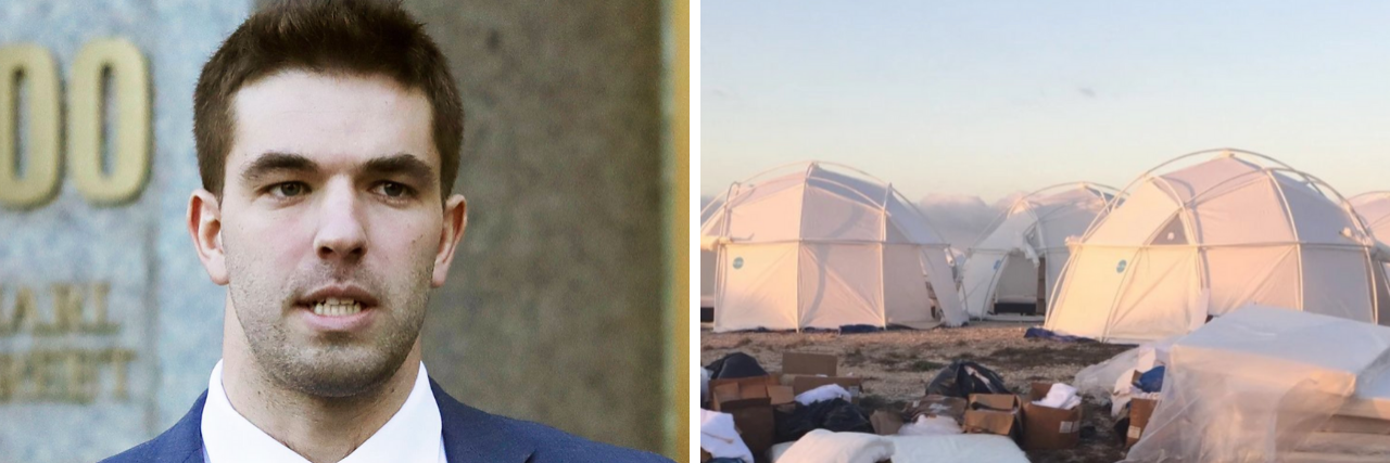 Billy McFarland in a blue suit; photo of the makeshift tents for Fyre Festival