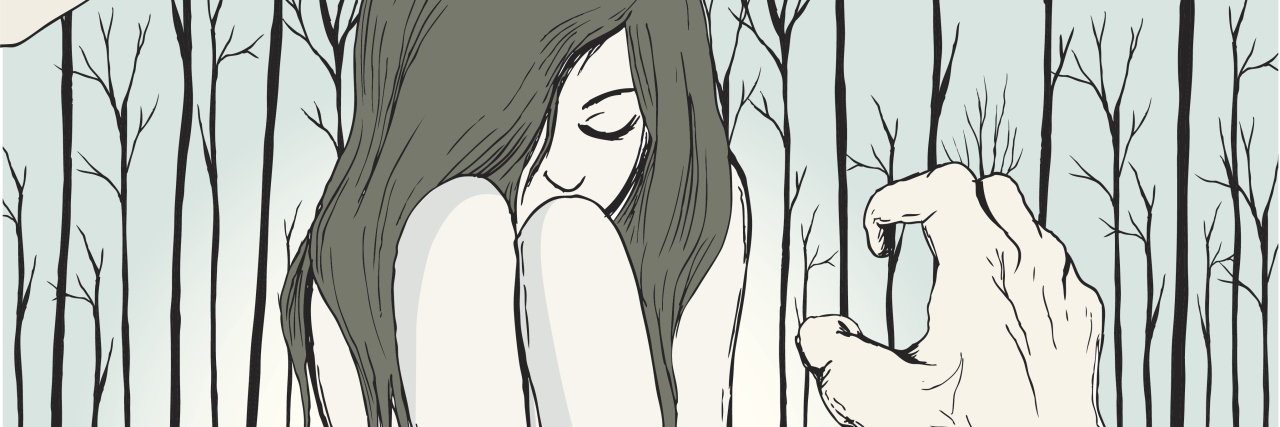 Original illustration of girl trying to hide from aggressive hands.