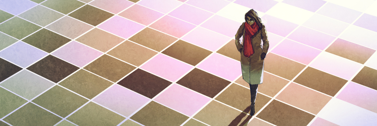 Why I Don't Tell People I'm 'Busy' Anymore as Someone With Depression business woman standing on the floor with graphic pattern tiles,illustration painting