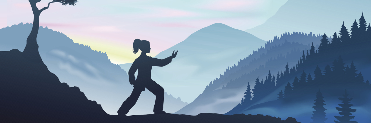 Why Self-Care Is a Full-Time Job When You Have ME/CFS illustration of woman practicing tai chi in the mountains