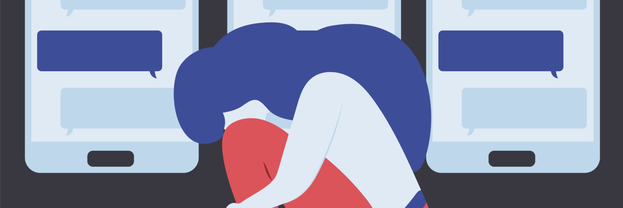 illustration of woman hugging her knees in front of phones with text messages