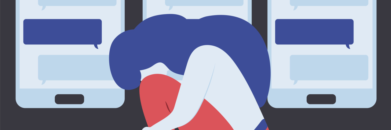 Addressing the Cyberbullying Within the Chronic Illness Community illustration of woman hugging her knees in front of phones with text messages