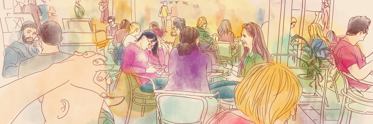 What It's Like to Be Friends With Someone Who Has Chronic Pain A group of friends sitting in a cafe. The color presents a warm feeling.