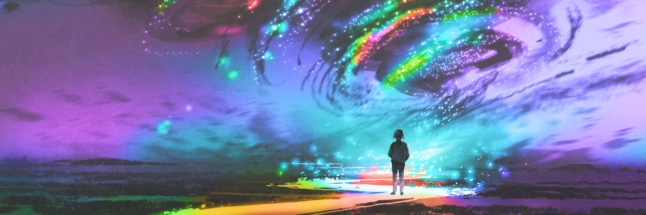 Talking About the Connection Between Suicide and Thyroid Disease illustration of girl looking at the fantasy cosmic storm