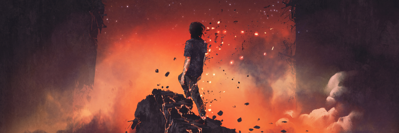 Autistic Regression Man looking out at fiery landscape.