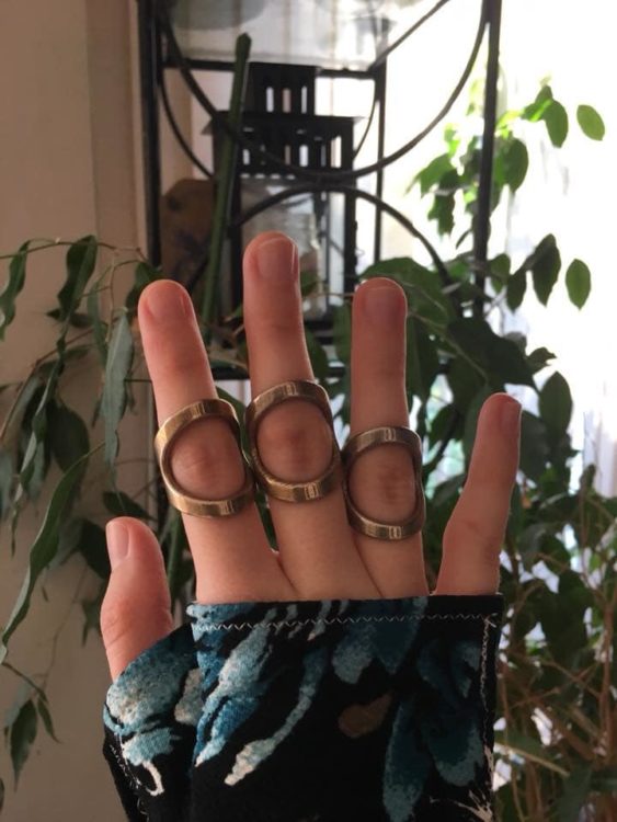 Hand with ring splints and a self-made wrist brace