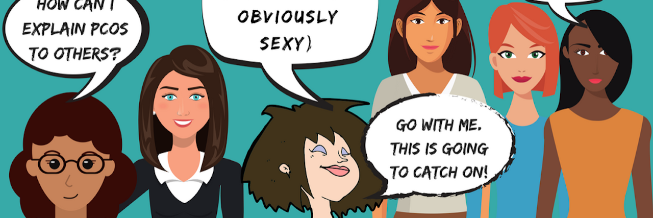 PCOS: Polycystic Ovarian Syndrome, or Pretty Curvy Obviously Sexy? A comic graphic of woman talking about PCOS.