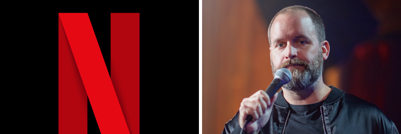 Netflix CEO Reed Hastings Defends Tom Segura's R-Word Use in Special The 'N' from the Netflix logo and Tom Segura holding a microphone