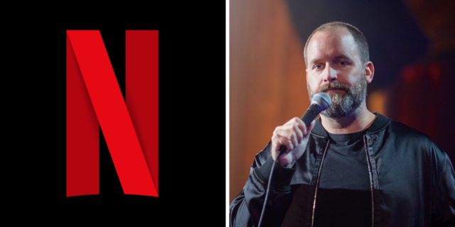 The 'N' from the Netflix logo and Tom Segura holding a microphone