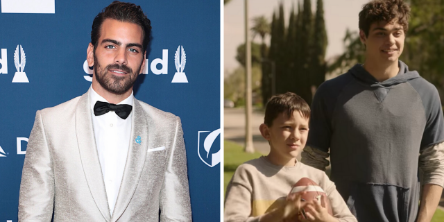 Nyle DiMarco in a silver suit on a red carpet; Cochise Zornoza and Noah Centineo both wearing sweatshirts with Zornoza holding a football.