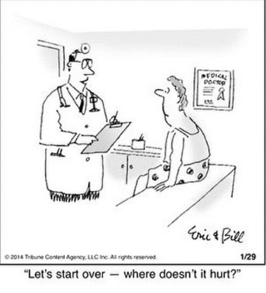 comic of doctor talking to patient. doctor says, "let's start over. where doesn't it hurt?"