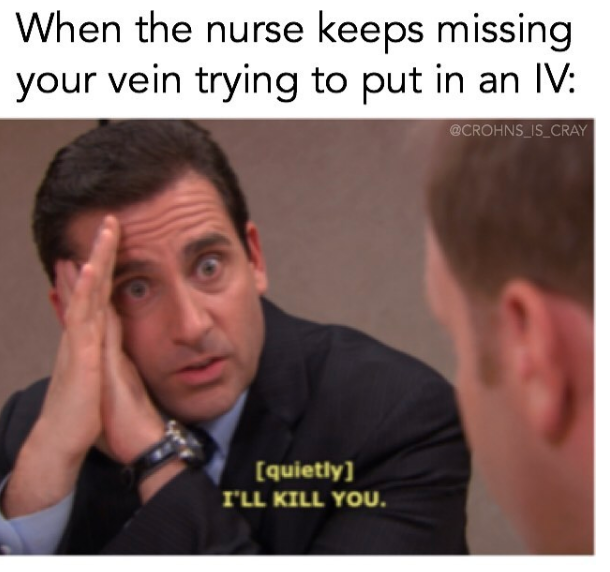 michael scott saying I'll kill you to toby with caption when the nurse keeps missing your vein trying to put in an iv