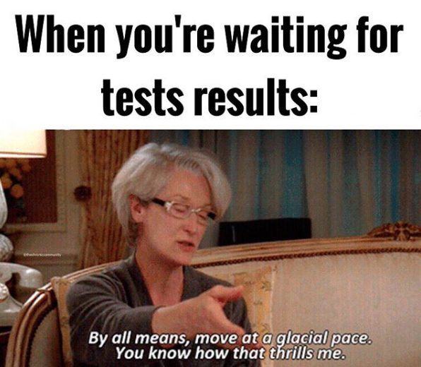 miranda priestly saying by all means move at a glacial pace, with caption when you're waiting for test results